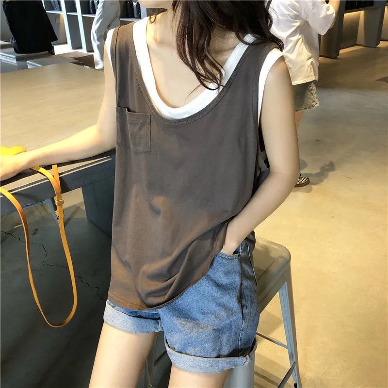 Áo Thun Không Tay Cổ Tròn Giả Hai Lớp Dáng Rộng Phong Cách Hàn Quốc Thời Trang Mùa Hè Hàng Mới Dành Cho Bạn Nữ Sinh