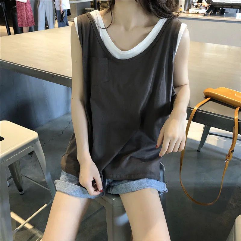 Áo Thun Không Tay Cổ Tròn Giả Hai Lớp Dáng Rộng Phong Cách Hàn Quốc Thời Trang Mùa Hè Hàng Mới Dành Cho Bạn Nữ Sinh