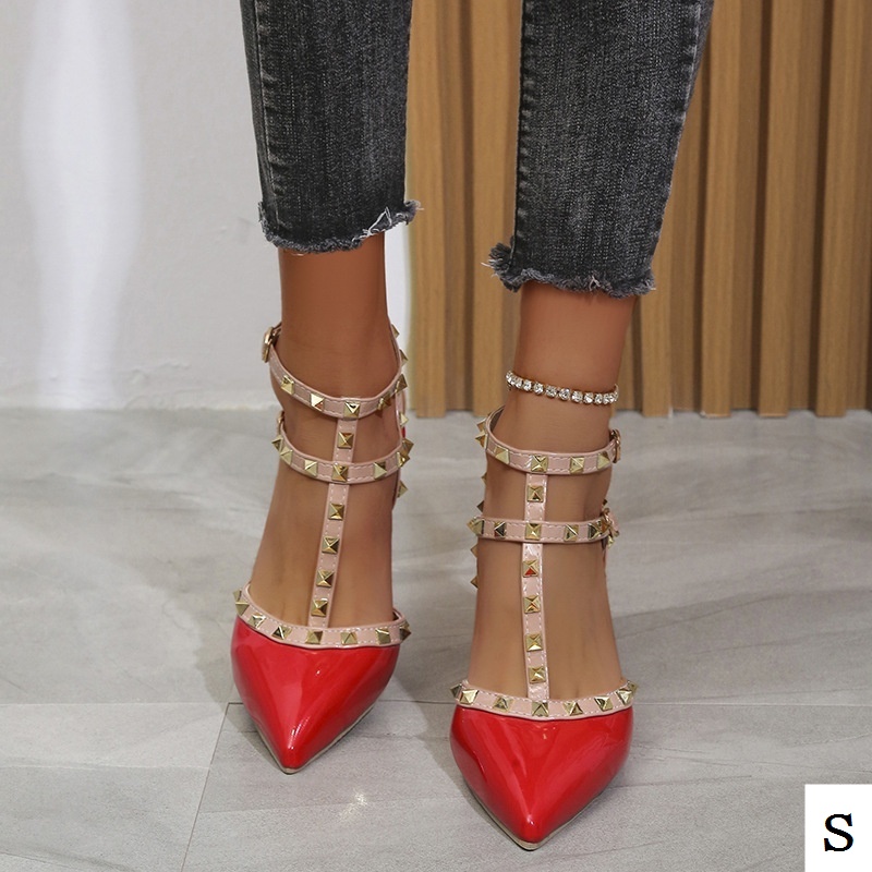 Giày Cao Gót Da Bóng Mũi Nhọn Đính Đinh Tán Thời Trang Mùa Hè Quyến Rũ Cho Nữ
