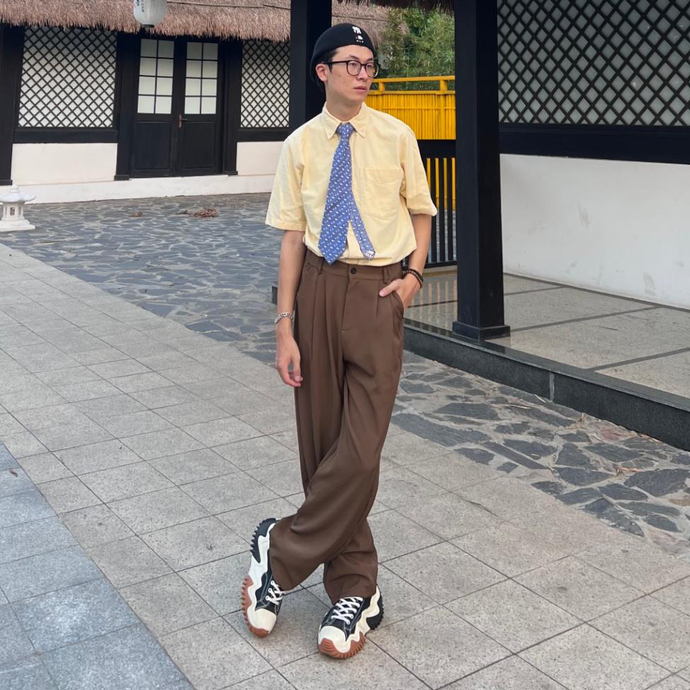 Quần Nâu Tây Suông Rộng Vải chéo Hàn Nam Nữ Cạp cao Hàng Thiết kế MULLET