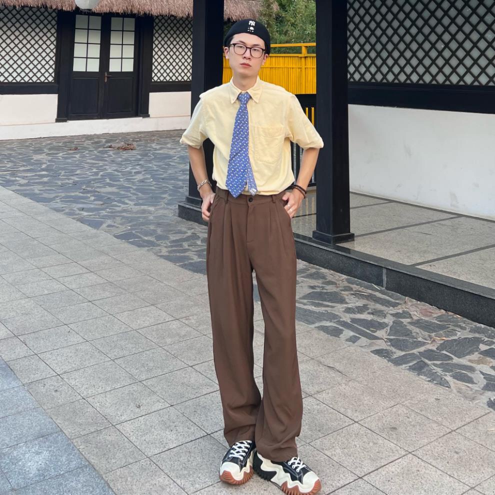 Quần Nâu Tây Suông Rộng Vải chéo Hàn Nam Nữ Cạp cao Hàng Thiết kế MULLET