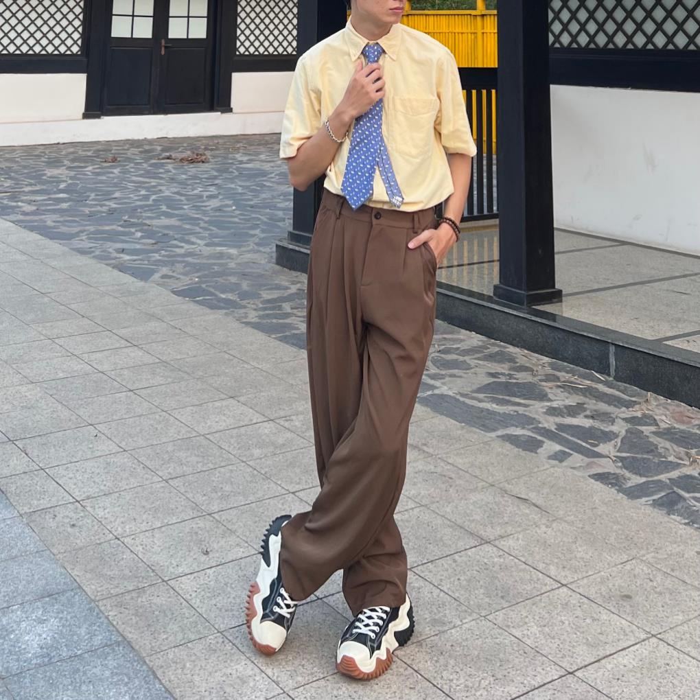 Quần Nâu Tây Suông Rộng Vải chéo Hàn Nam Nữ Cạp cao Hàng Thiết kế MULLET