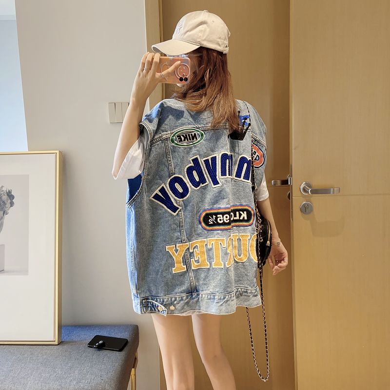 Áo Khoác Denim Không Tay Thêu Họa Tiết Thời Trang Xuân Thu Hàn Quốc Cho Nữ