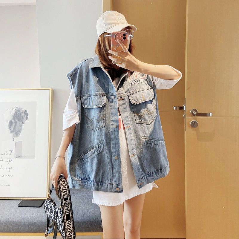 Áo Khoác Denim Không Tay Thêu Họa Tiết Thời Trang Xuân Thu Hàn Quốc Cho Nữ