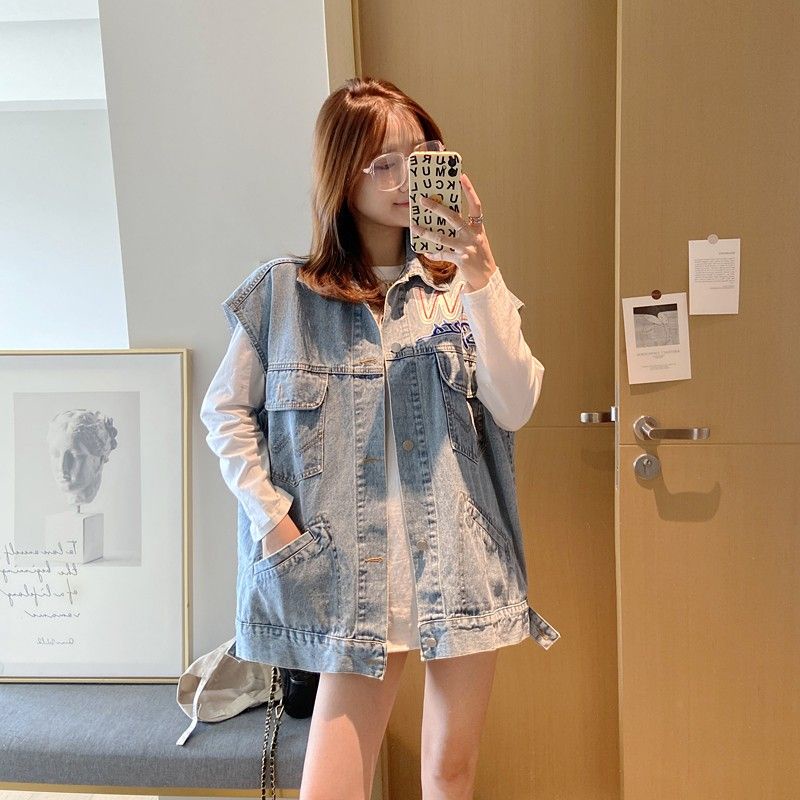 Áo Khoác Denim Không Tay Thêu Họa Tiết Thời Trang Xuân Thu Hàn Quốc Cho Nữ