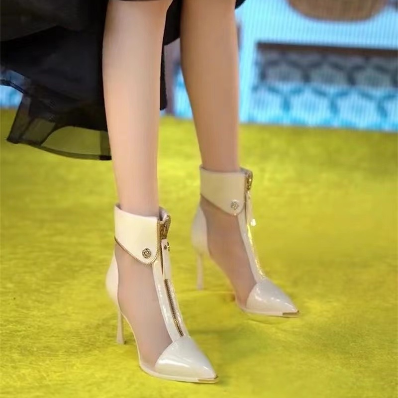 Giày Bốt Cao Gót Da Bóng Phối Lưới Có Khóa Kéo Trước Quyến Rũ Thời Trang Xuân Hè Cho Nữ 23