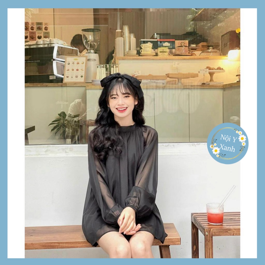 Set đi chơi chất voan tơ áo tay dài quần short nội y xanh chất đẹp