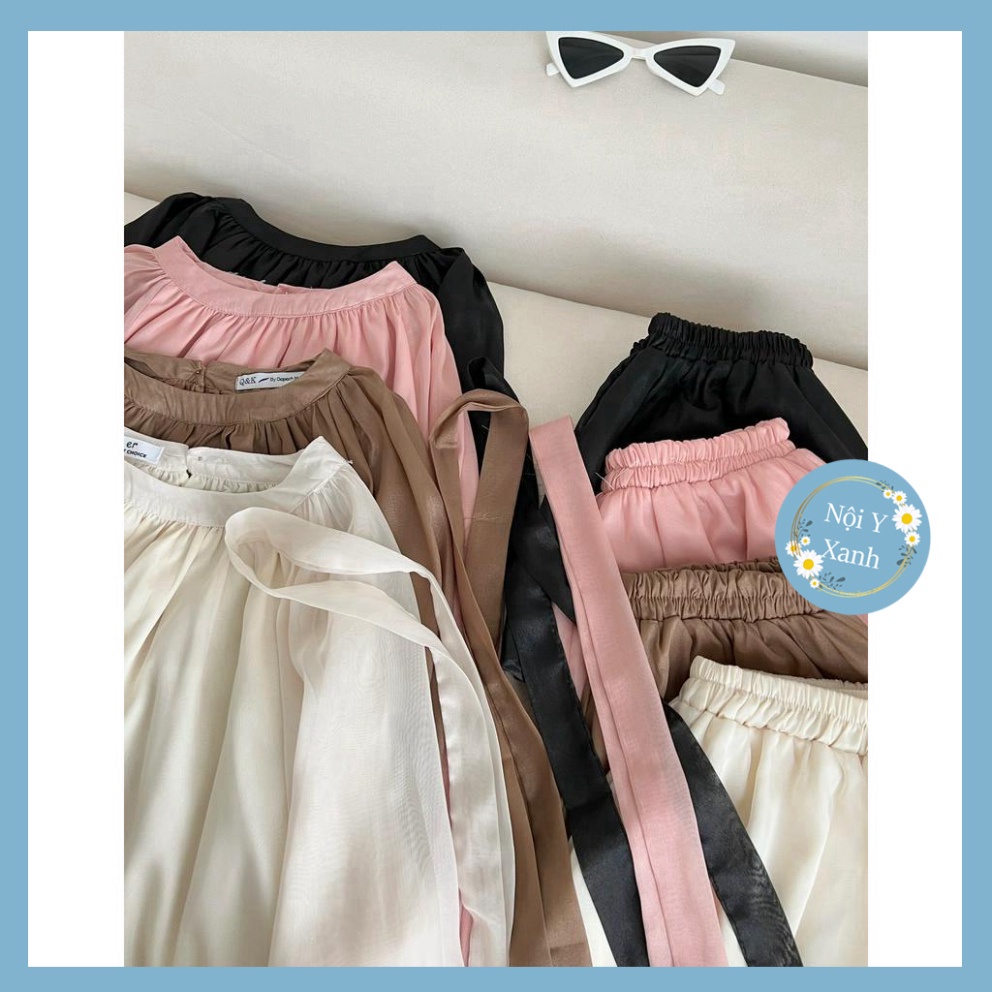 Set đi chơi chất voan tơ áo tay dài quần short nội y xanh chất đẹp