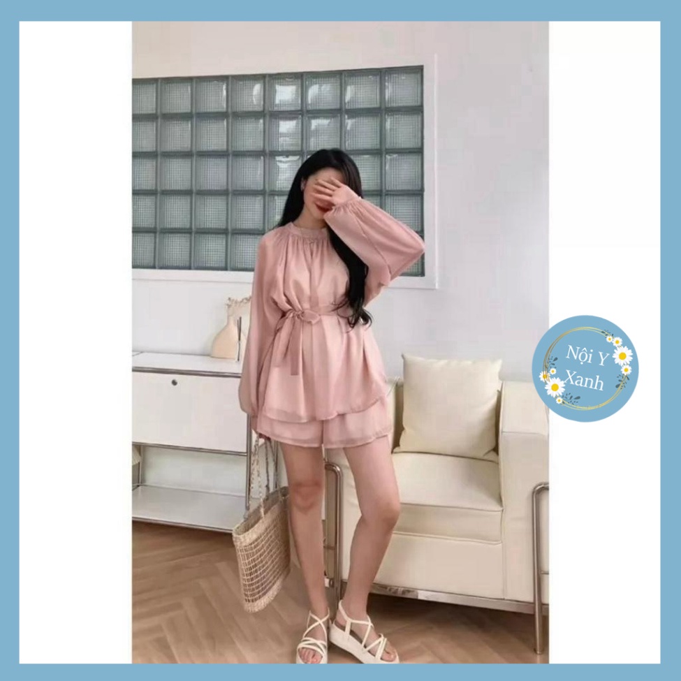 Set đi chơi chất voan tơ áo tay dài quần short nội y xanh chất đẹp