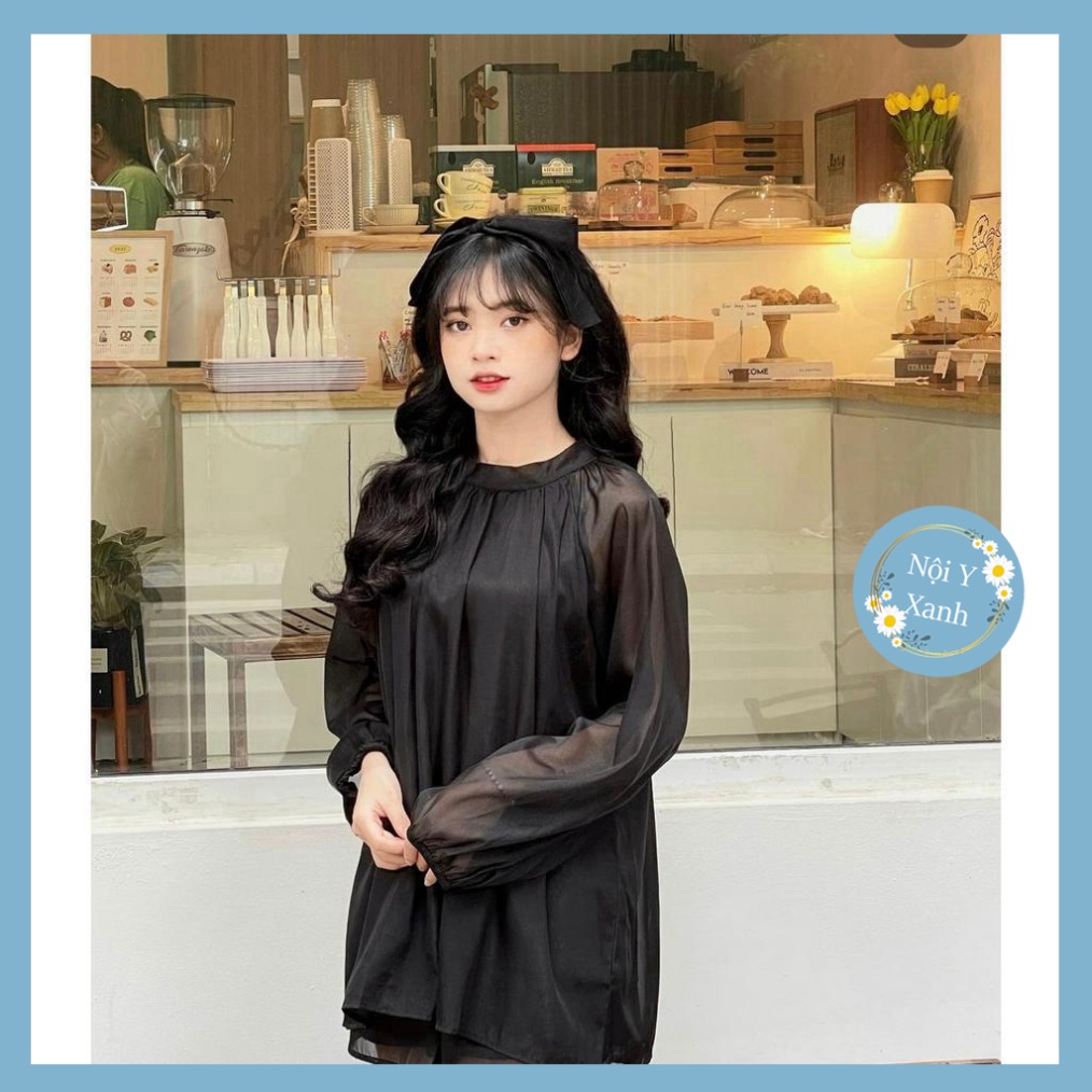 Set đi chơi chất voan tơ áo tay dài quần short nội y xanh chất đẹp