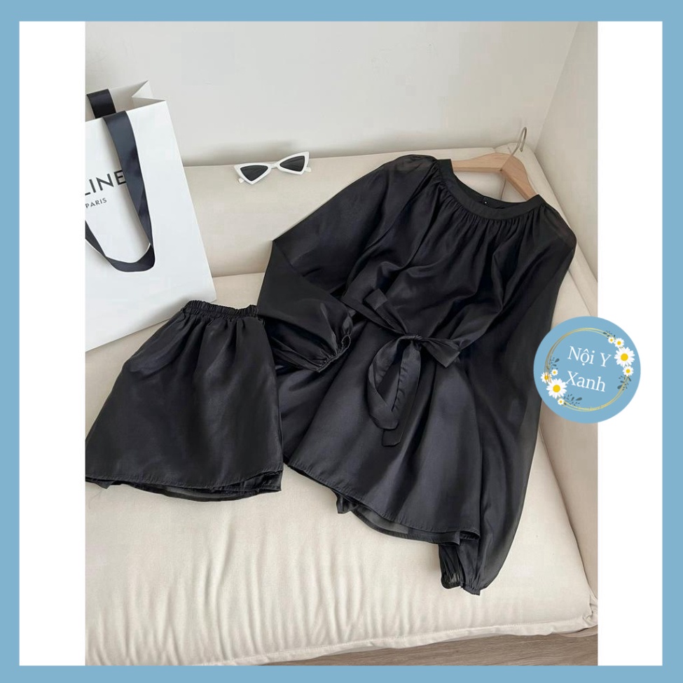 Set đi chơi chất voan tơ áo tay dài quần short nội y xanh chất đẹp
