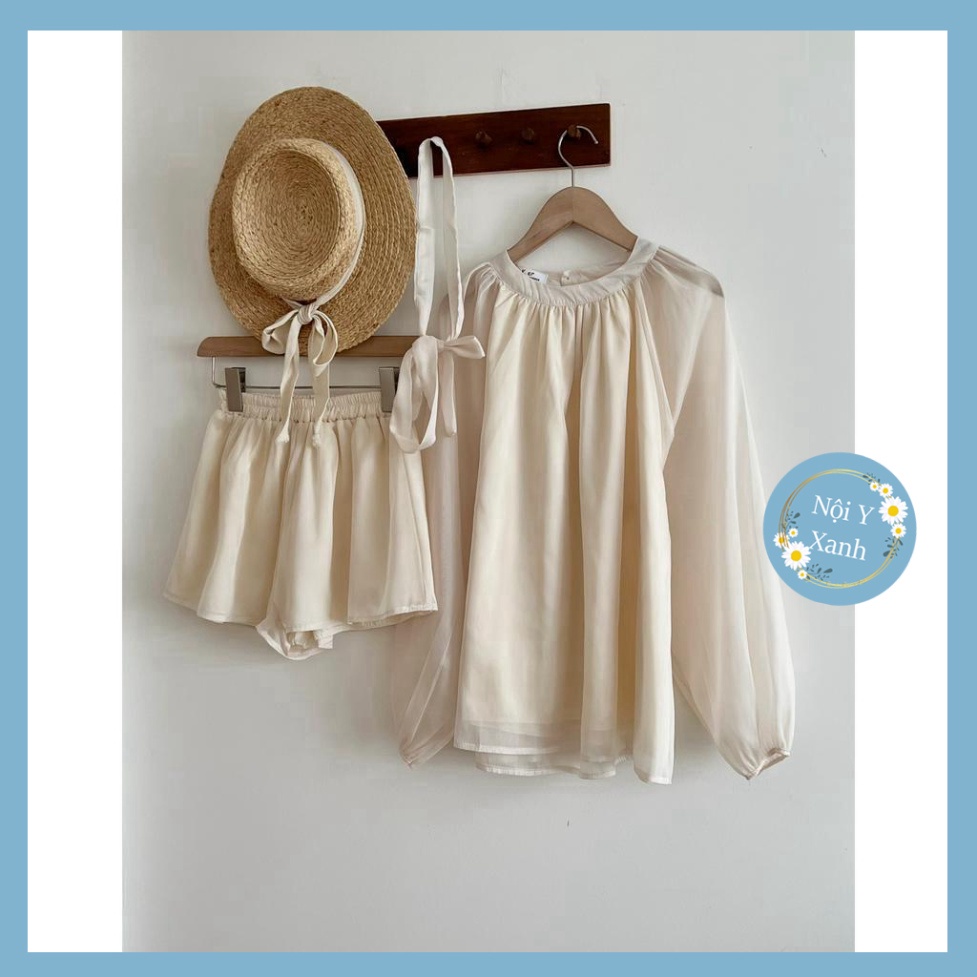 Set đi chơi chất voan tơ áo tay dài quần short nội y xanh chất đẹp