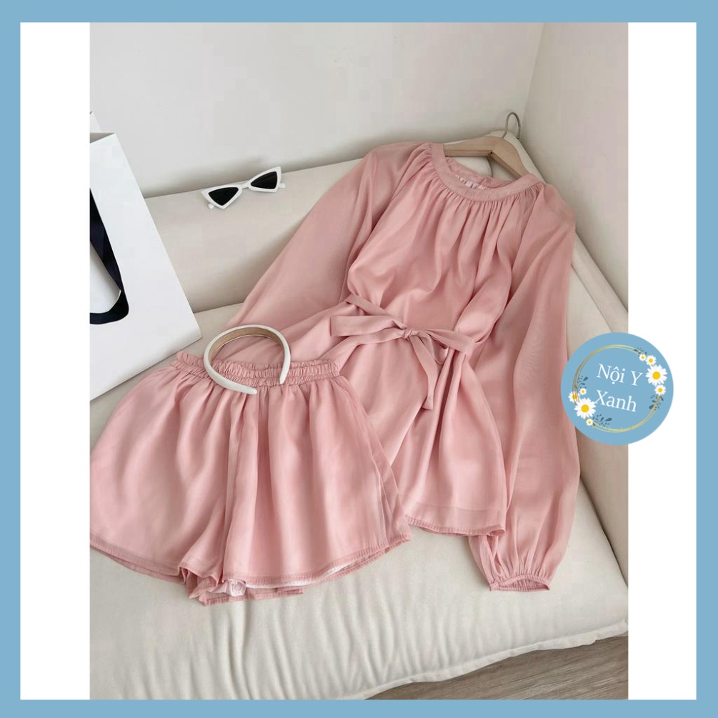 Set đi chơi chất voan tơ áo tay dài quần short nội y xanh chất đẹp