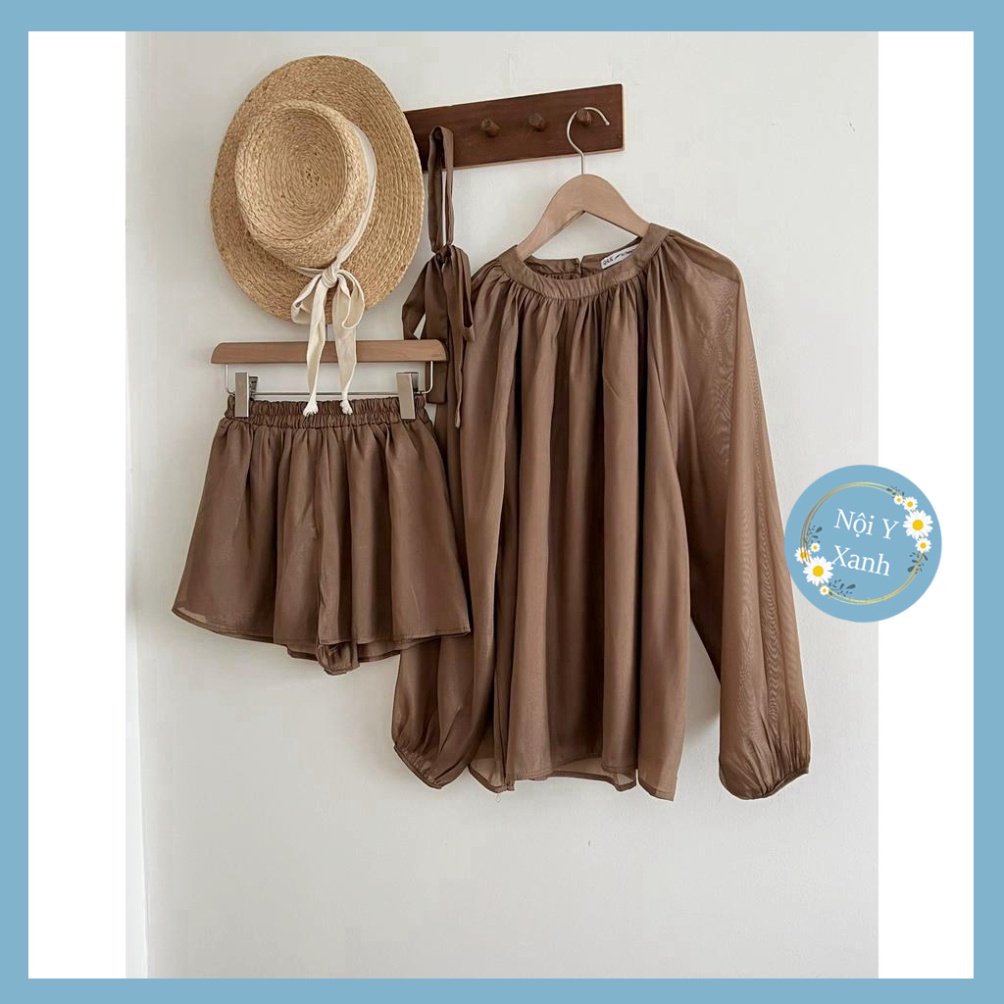 Set đi chơi chất voan tơ áo tay dài quần short nội y xanh chất đẹp