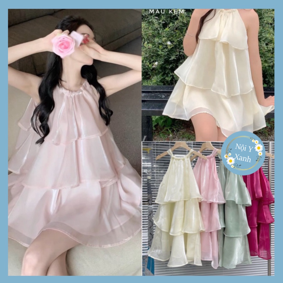 Váy tơ voan 3 tầng cổ yếm, babydoll sang chảnh tiểu thư nội y xanh chất đẹp