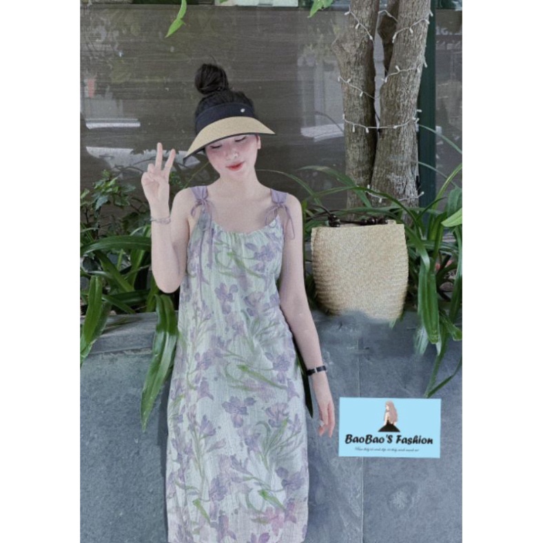 Đầm hoa 2 dây tơ xước nữ tính .