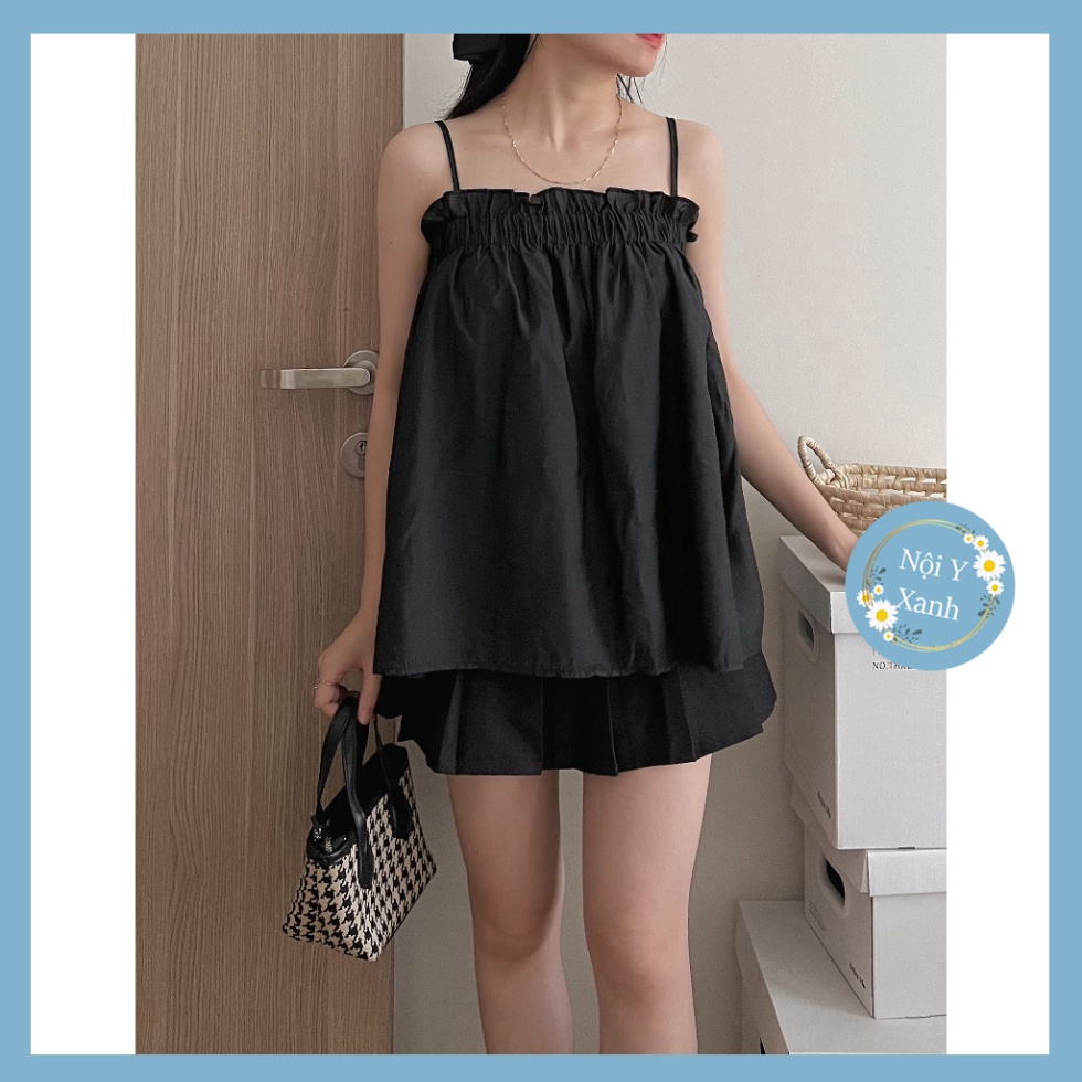 Áo Hai Dây Lụa Nhún Ngực Quảng Châu, Dáng Basic, Freesize Dưới 60kg, Hàng Loại 1 nội y xanh chất đẹp