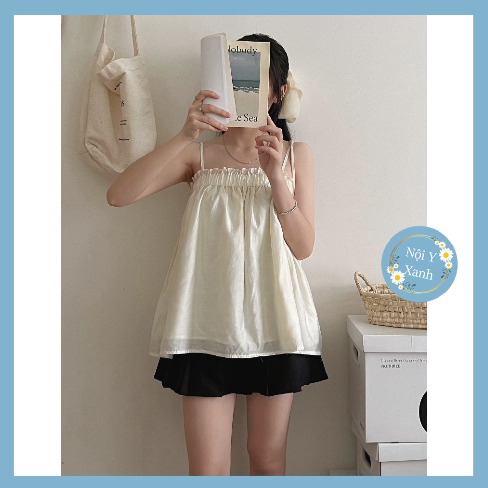 Áo Hai Dây Lụa Nhún Ngực Quảng Châu, Dáng Basic, Freesize Dưới 60kg, Hàng Loại 1 nội y xanh chất đẹp