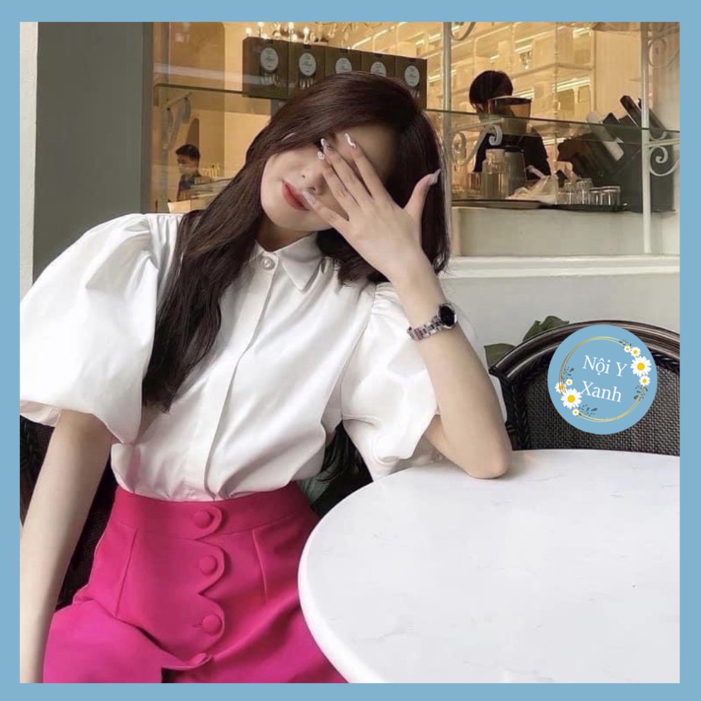 Áo sơ mi kiểu cổ đức phối khuy ngọc tay bồng xinh xắn nội y xanh chất đẹp