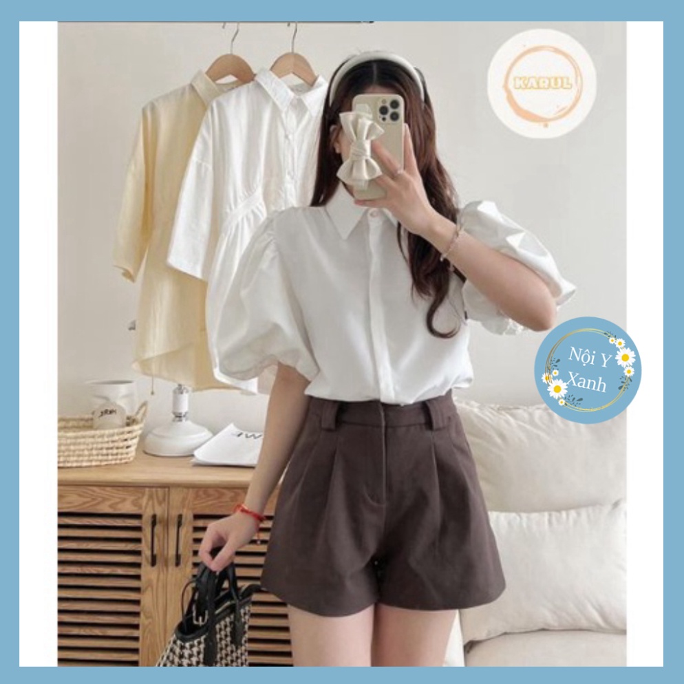 Áo sơ mi kiểu cổ đức phối khuy ngọc tay bồng xinh xắn nội y xanh chất đẹp