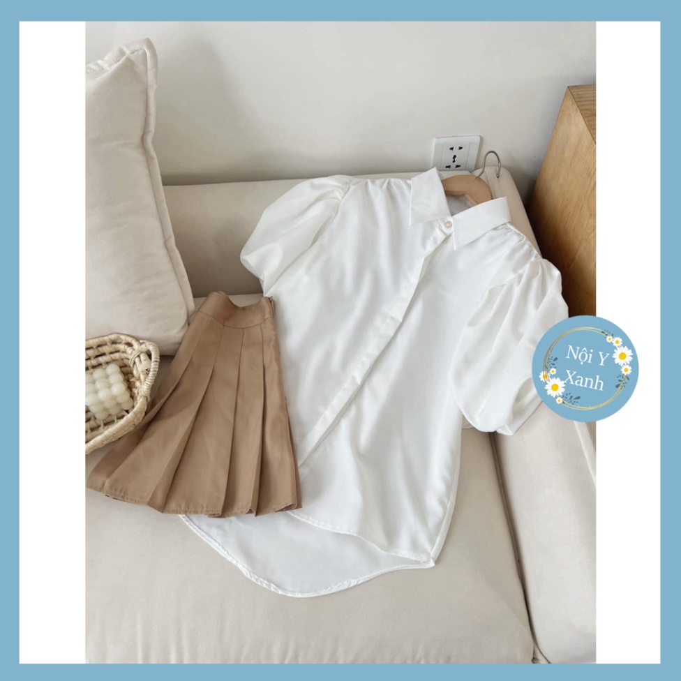 Áo sơ mi kiểu cổ đức phối khuy ngọc tay bồng xinh xắn nội y xanh chất đẹp