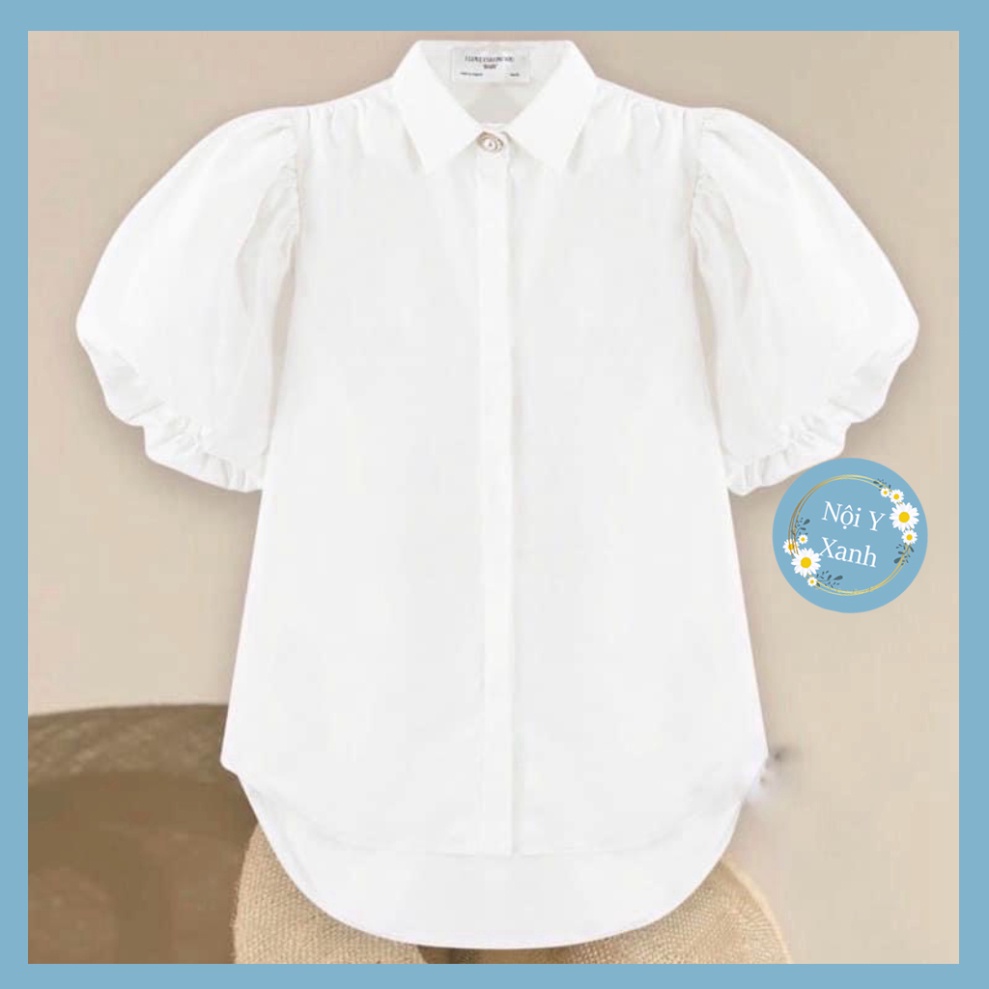 Áo sơ mi kiểu cổ đức phối khuy ngọc tay bồng xinh xắn nội y xanh chất đẹp