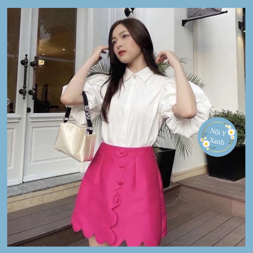 Áo sơ mi kiểu cổ đức phối khuy ngọc tay bồng xinh xắn nội y xanh chất đẹp