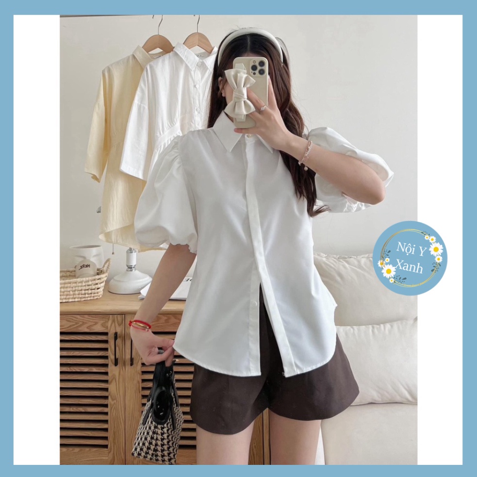 Áo sơ mi kiểu cổ đức phối khuy ngọc tay bồng xinh xắn nội y xanh chất đẹp