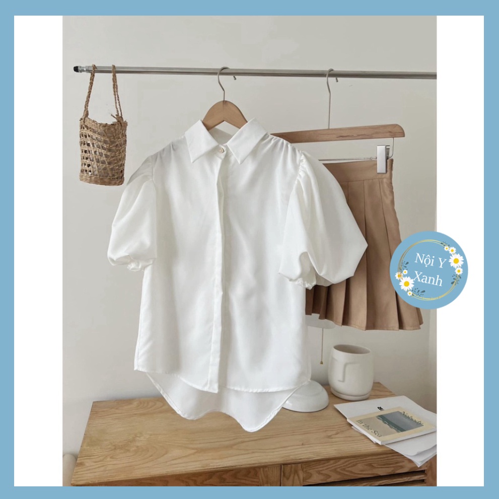 Áo sơ mi kiểu cổ đức phối khuy ngọc tay bồng xinh xắn nội y xanh chất đẹp