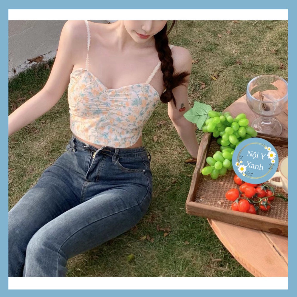 Áo Bra Croptop Hai Dây Cổ Chữ V Họa Tiết Hoa Ngọt Ngào Phong Cách Hàn Quốc Cho Nữ 387 nội y xanh chất đẹp