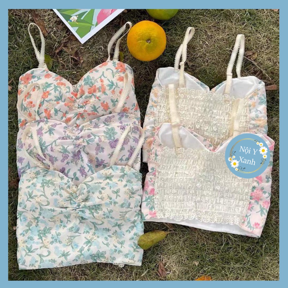 Áo Bra Croptop Hai Dây Cổ Chữ V Họa Tiết Hoa Ngọt Ngào Phong Cách Hàn Quốc Cho Nữ 387 nội y xanh chất đẹp