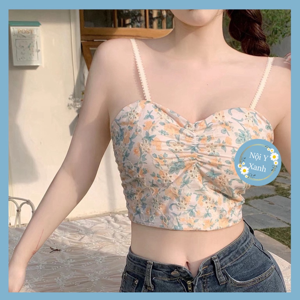 Áo Bra Croptop Hai Dây Cổ Chữ V Họa Tiết Hoa Ngọt Ngào Phong Cách Hàn Quốc Cho Nữ 387 nội y xanh chất đẹp