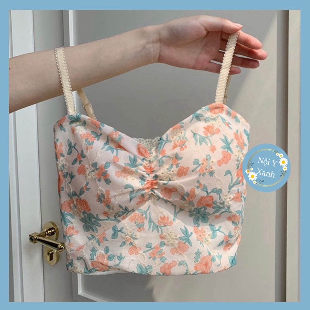 Áo Bra Croptop Hai Dây Cổ Chữ V Họa Tiết Hoa Ngọt Ngào Phong Cách Hàn Quốc Cho Nữ 387 nội y xanh chất đẹp