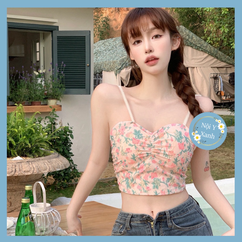 Áo Bra Croptop Hai Dây Cổ Chữ V Họa Tiết Hoa Ngọt Ngào Phong Cách Hàn Quốc Cho Nữ 387 nội y xanh chất đẹp