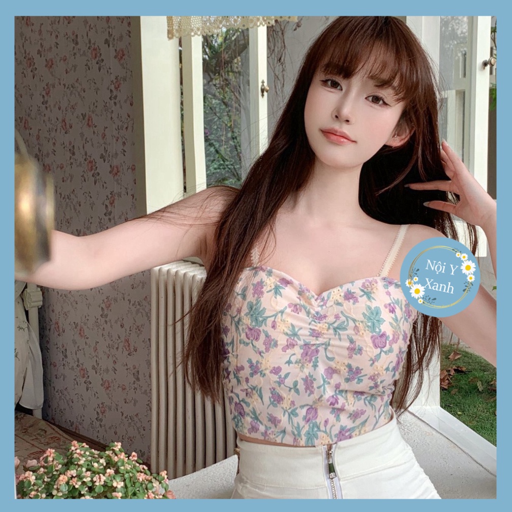Áo Bra Croptop Hai Dây Cổ Chữ V Họa Tiết Hoa Ngọt Ngào Phong Cách Hàn Quốc Cho Nữ 387 nội y xanh chất đẹp