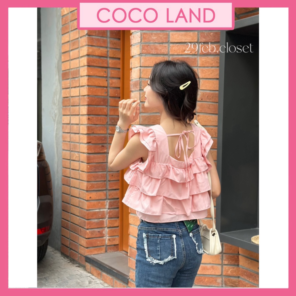 Áo babydoll cổ bó vuông cánh tiên bèo tầng buộc nơ lưng - 29feb.closet - A261 cocoland chất đẹp mềm mịn