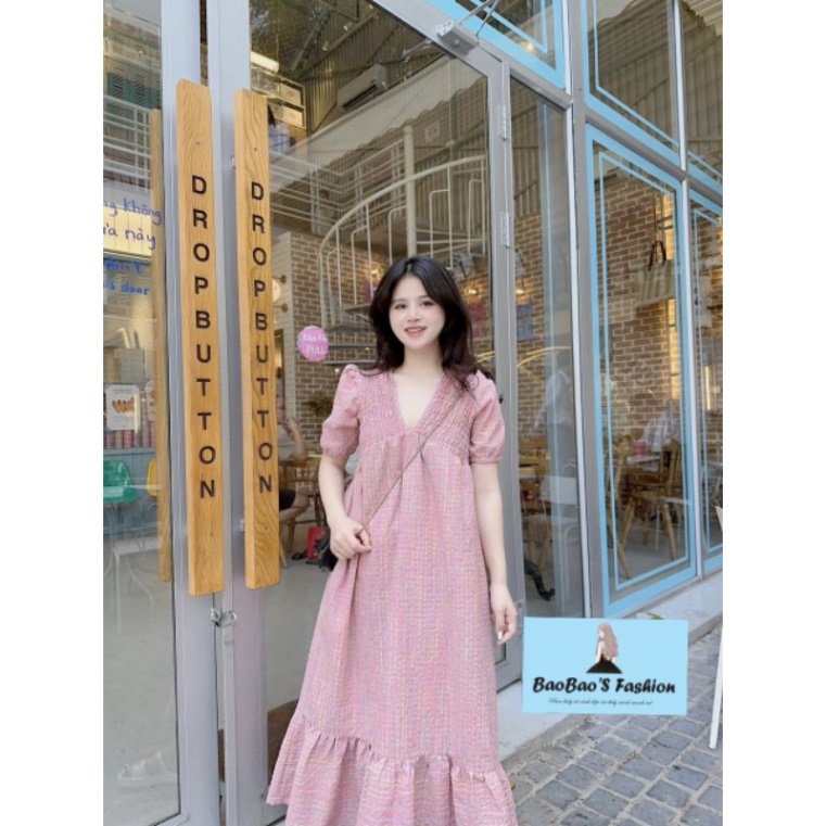 Đầm kẻ hồng dáng thon cao babydoll ngọt ngào .