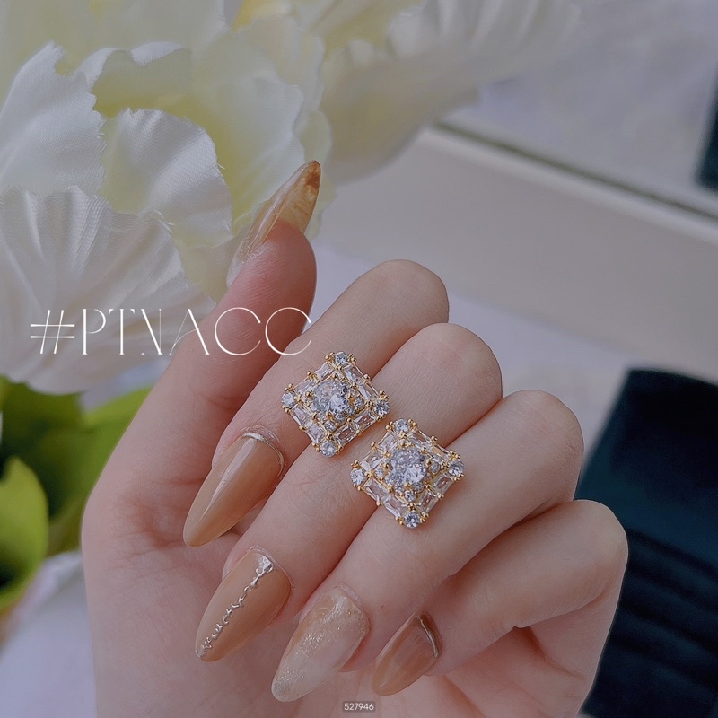 Bông tai, khuyên tai nữ đính full đá paguet form vuông sang trọng .PTNACC.