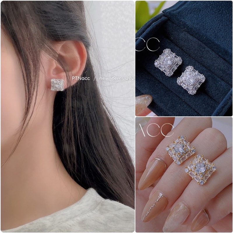 Bông tai, khuyên tai nữ đính full đá paguet form vuông sang trọng .PTNACC.