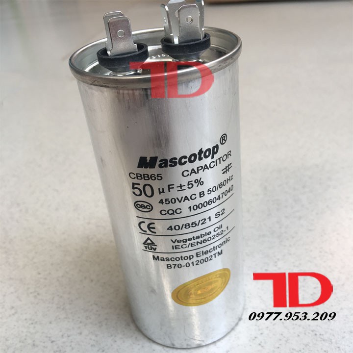 Tụ điều hòa MASCOTOP 50uF, CAPA quạt đuôi nóng, CAPACITOR MASCOTOP