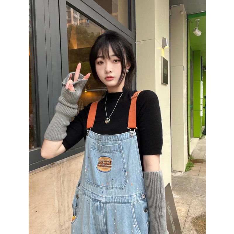 Jiashucheng Quần Yếm Denim Dáng Suông Rộng Thêu Họa Tiết Thổ Cẩm Thời Trang Xuân Thu Mới Cho Cặp Đôi