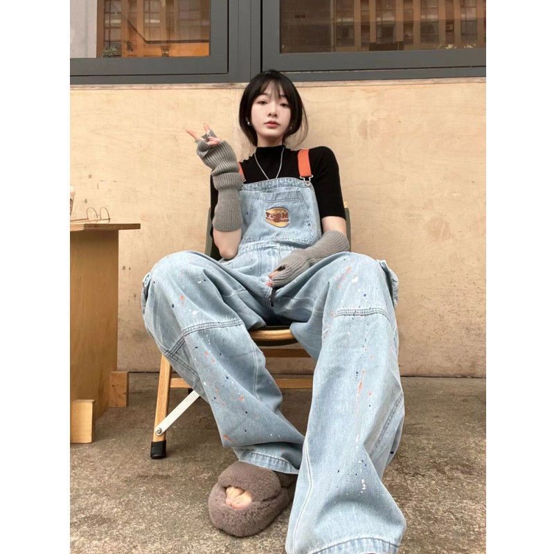 Jiashucheng Quần Yếm Denim Dáng Suông Rộng Thêu Họa Tiết Thổ Cẩm Thời Trang Xuân Thu Mới Cho Cặp Đôi