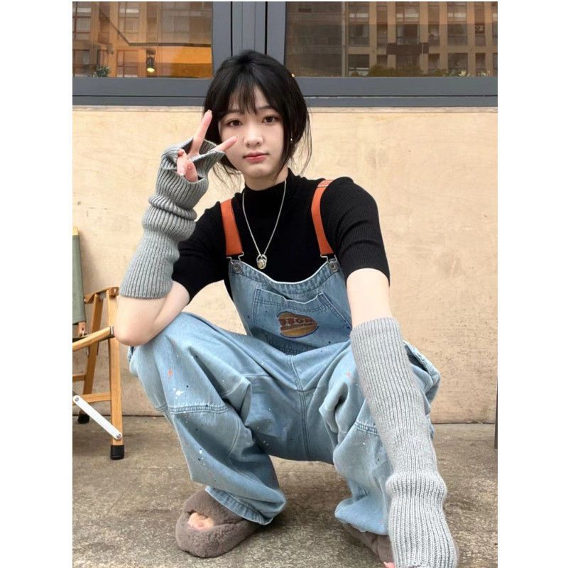 Jiashucheng Quần Yếm Denim Dáng Suông Rộng Thêu Họa Tiết Thổ Cẩm Thời Trang Xuân Thu Mới Cho Cặp Đôi