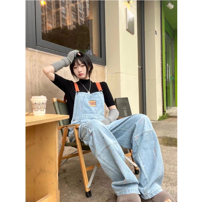 Jiashucheng Quần Yếm Denim Dáng Suông Rộng Thêu Họa Tiết Thổ Cẩm Thời Trang Xuân Thu Mới Cho Cặp Đôi