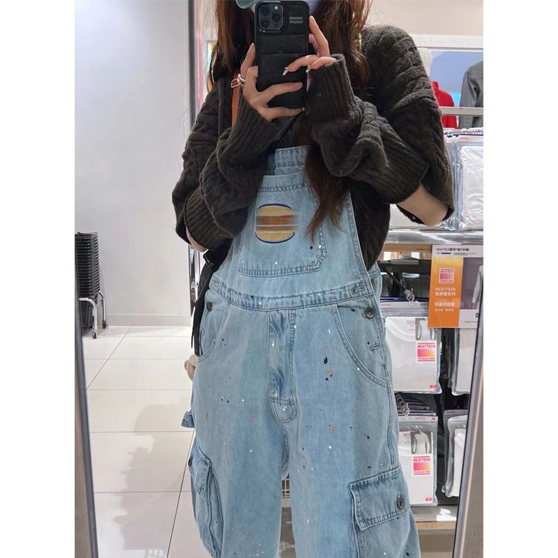 Quần Yếm Denim Dài Ống Rộng Phong Cách Retro Mỹ Thời Trang Xuân Thu Mới Cho Nữ