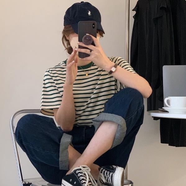 Áo thun tay ngắn cổ tròn dáng suông họa tiết kẻ sọc màu sắc đơn giản thời trang mùa hè dành cho nữ MA062 | BigBuy360 - bigbuy360.vn