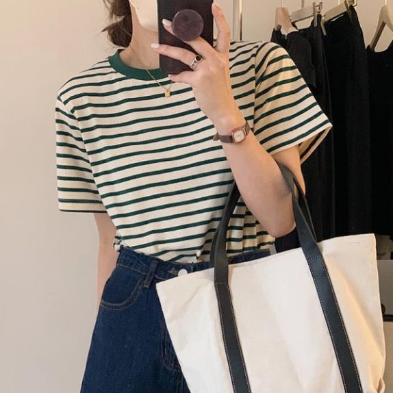 Áo thun tay ngắn cổ tròn dáng suông họa tiết kẻ sọc màu sắc đơn giản thời trang mùa hè dành cho nữ MA062 | BigBuy360 - bigbuy360.vn