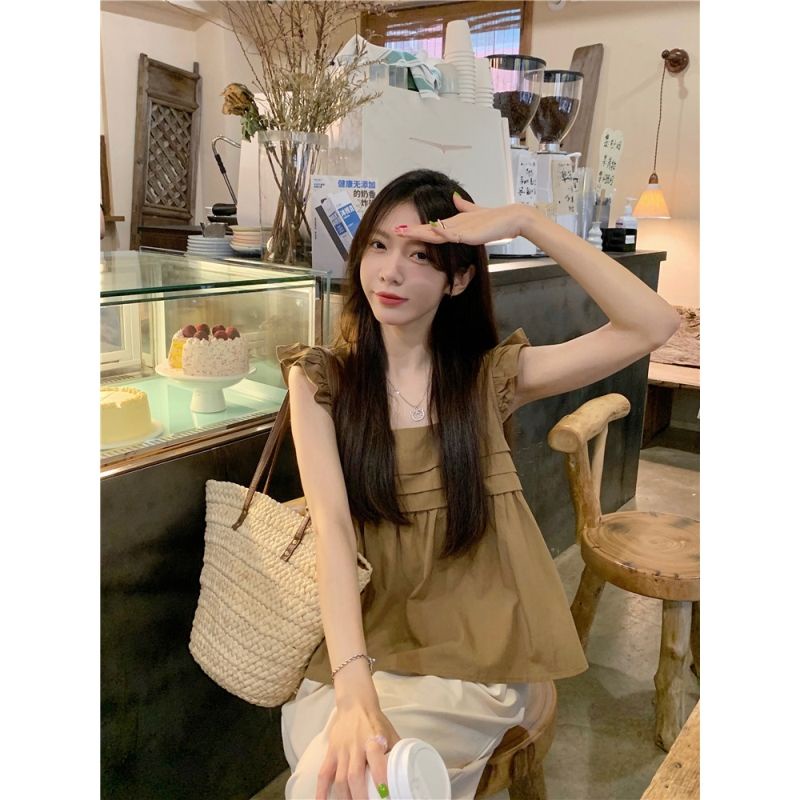 Jiashucheng Áo Sơ Mi Mùa Xuân Hè Tay Bay Có Dây Rút Dễ Phối Đồ Kiểu Pháp Ngọt Ngào Cho Nữ