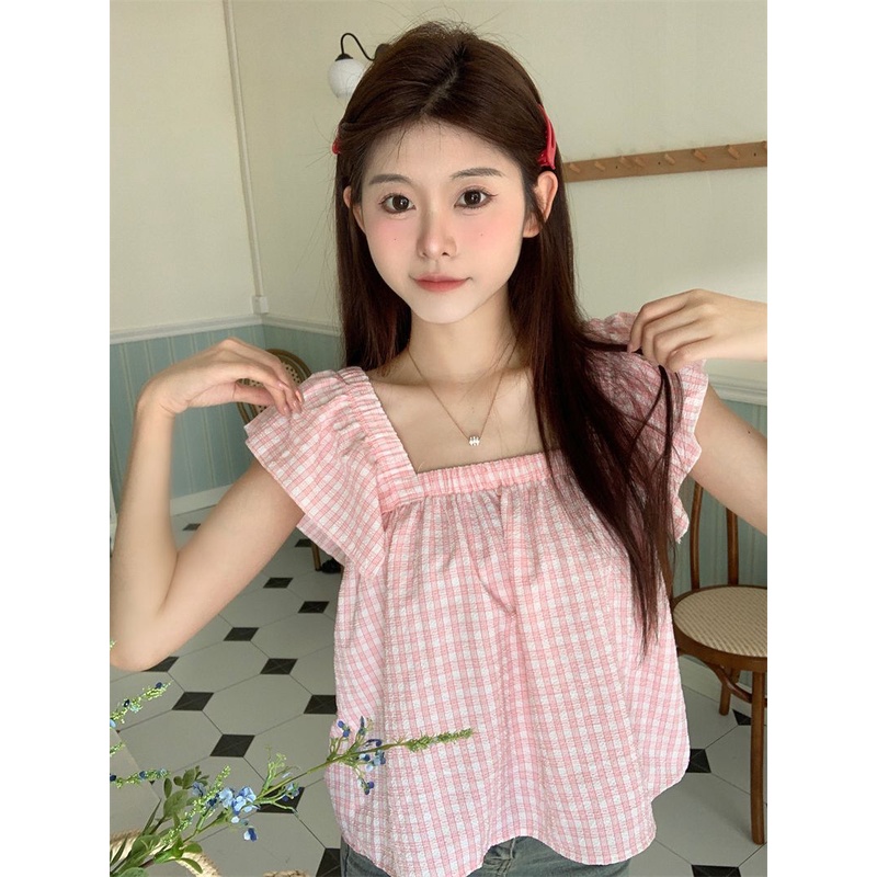 Jiashucheng Áo Sơ Mi Tay Bay Họa Tiết Kẻ Sọc Độc Đáo Thời Trang Mùa Hè