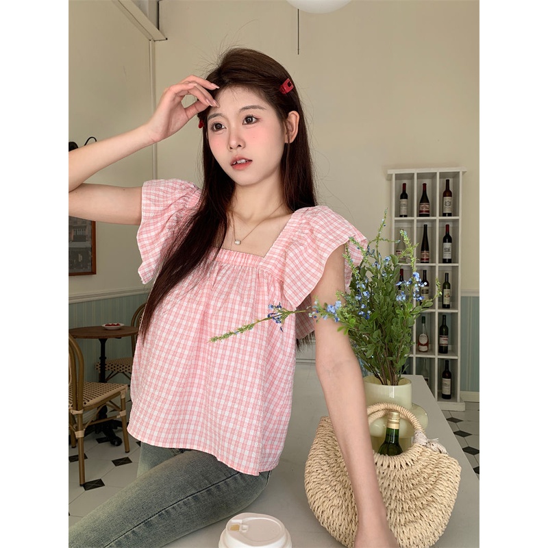 Jiashucheng Áo Sơ Mi Tay Bay Họa Tiết Kẻ Sọc Độc Đáo Thời Trang Mùa Hè